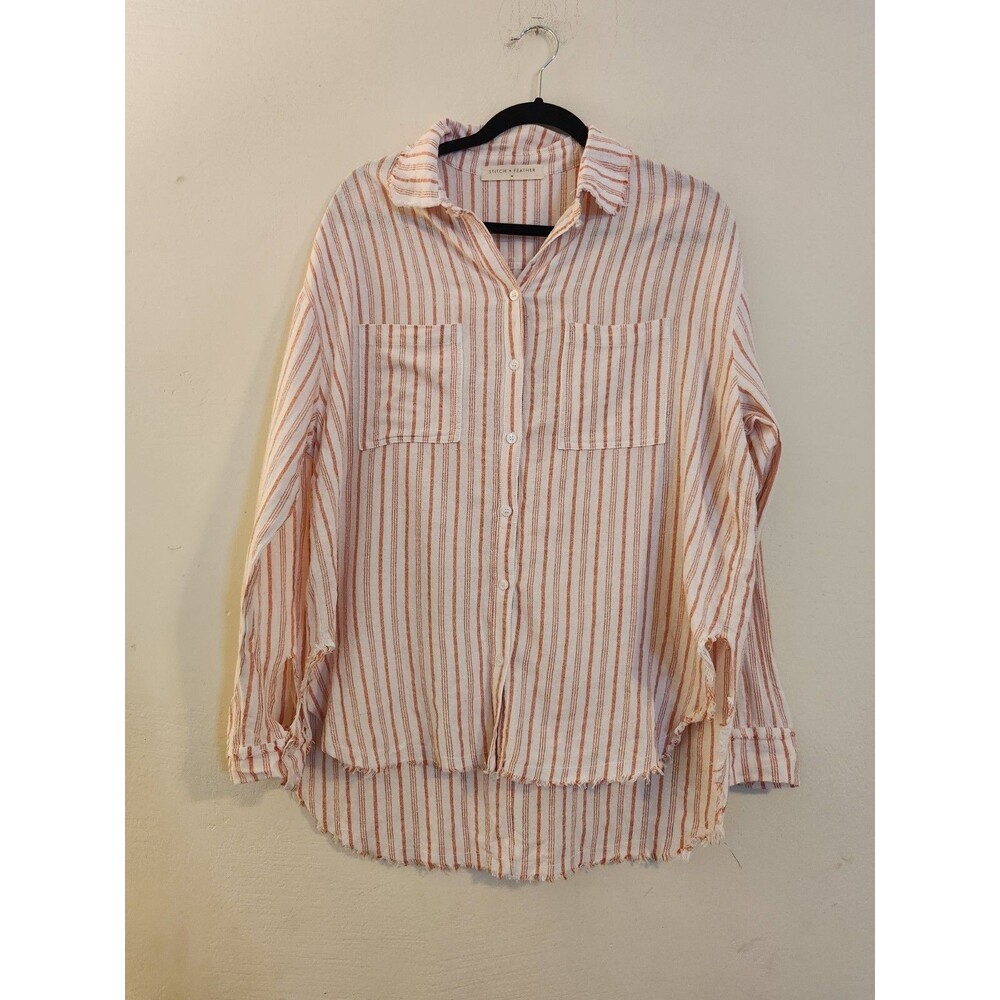Stitch + Feather Medium Peach Striped Long Sleeve Button Down‎ Shirt Raw Edges
